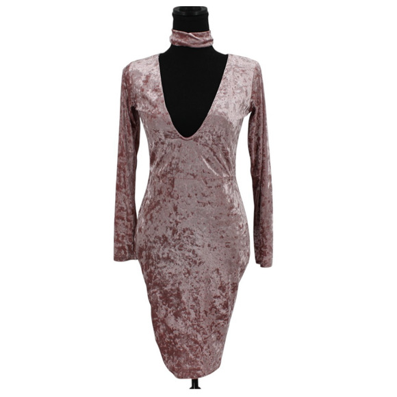 Crushed Velvet Midi Dress Deep V Choker Neck Bodycon Powder Pink Clubbing Size M - Picture 1 of 6